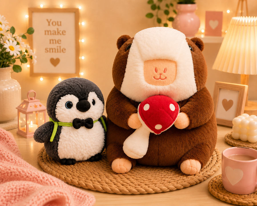 MUSHY & PIP – Cute Mushroom & Penguin Plush Toy Couple | Ultra Soft Huggable Plush Set | Perfect Gift for Girls, Best Friends & Plush Lovers