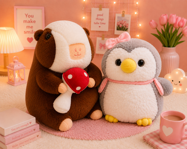 MUSHY & POO – Cute Mushroom & Penguin Plush Toy Couple | Ultra Soft Huggable Plush Set | Perfect Gift for Girls, Best Friends & Plush Lovers