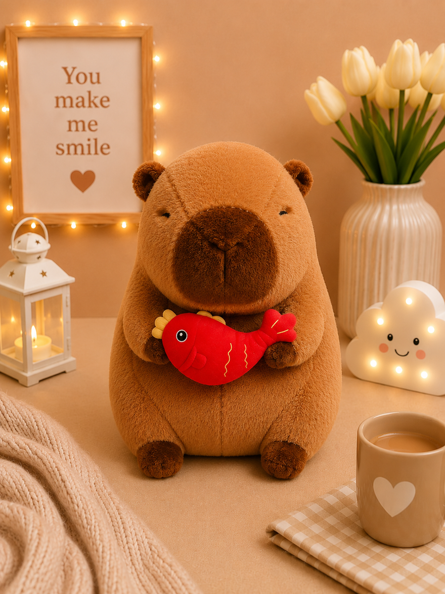 NAPPI – Cute Sleeping Capybara Plush Toy with Fish | Ultra Soft & Huggable Stuffed Animal | Perfect Gift for Girls & Plush Lovers