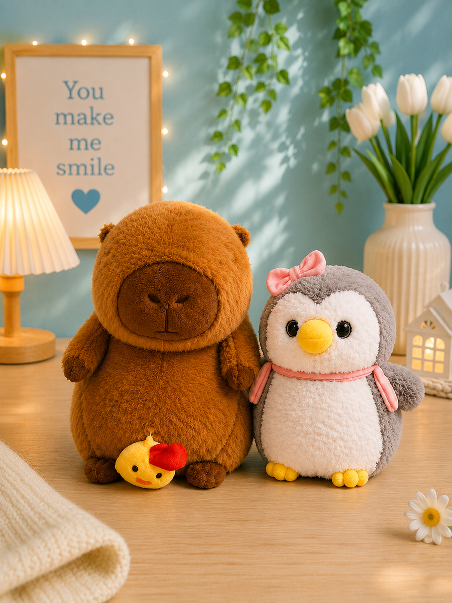 CAPPY & POO – Cute Capybara & Penguin Plush Toy Couple | Super Soft Hugging Plush Set | Perfect Gift for Girls, Best Friends & Couples