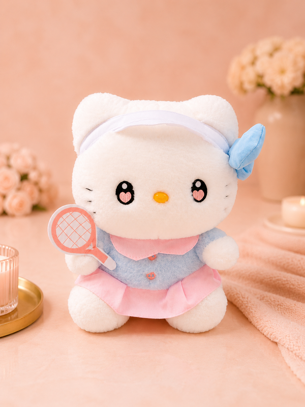 Cute Kitty Plush Toy with Tennis Racket – Ultra Soft Stuffed Animal