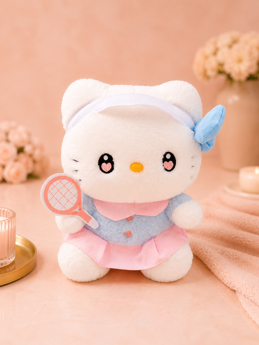 Cute Kitty Plush Toy with Tennis Racket – Ultra Soft Stuffed Animal